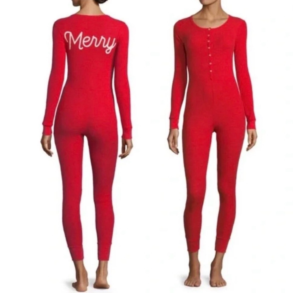 Wildfox Waffle Knit Button Down Merry Onesie Pajamas in Red Size S